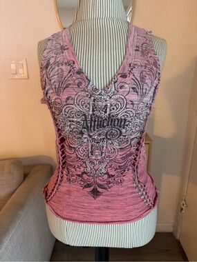 Affliction Pink Embellished Lace-Up V-Neck Tank